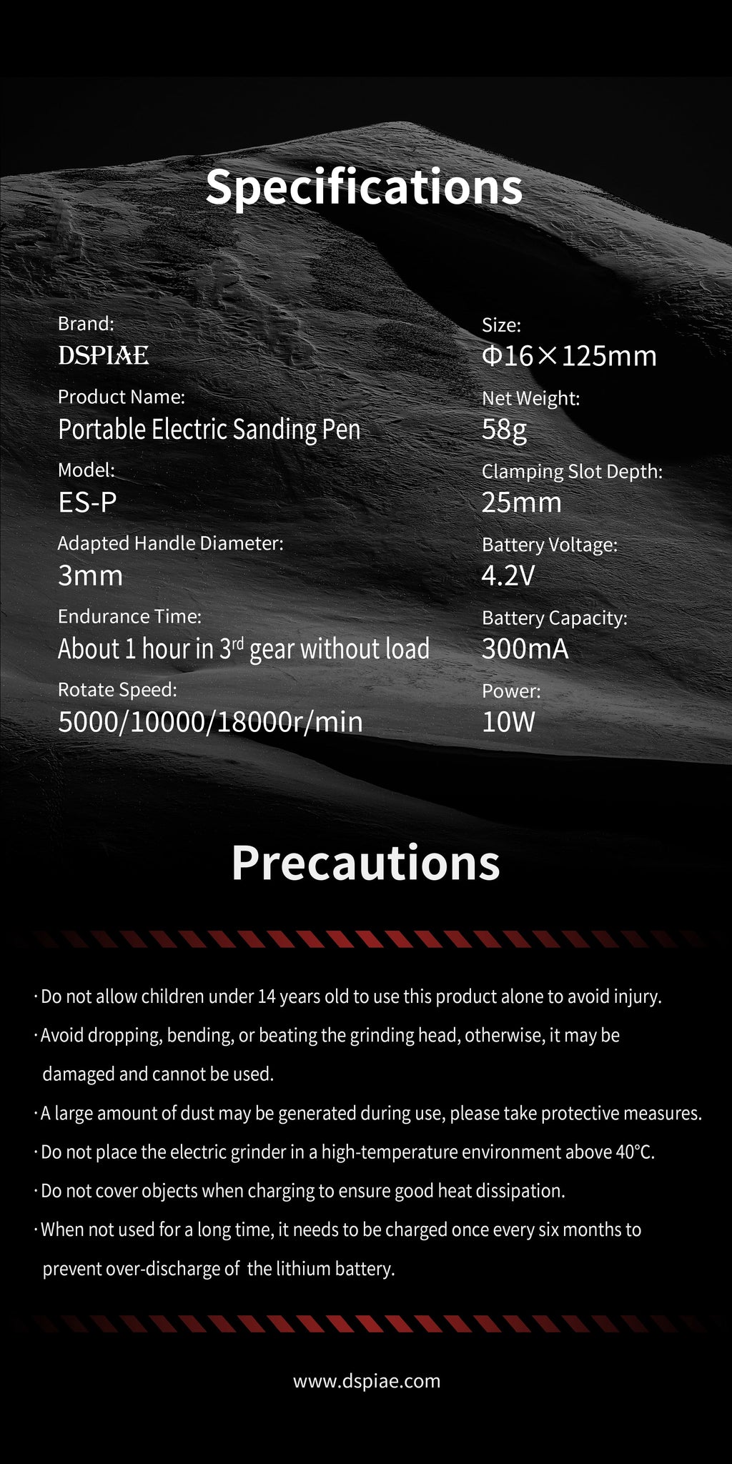 DSPIAE ES-P specifications and precautions: 16 x 125 mm, 58 g, 3 mm shank, keep under 40 °C, recharge every 6 months