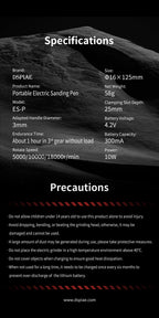 DSPIAE ES-P specifications and precautions: 16 x 125 mm, 58 g, 3 mm shank, keep under 40 °C, recharge every 6 months