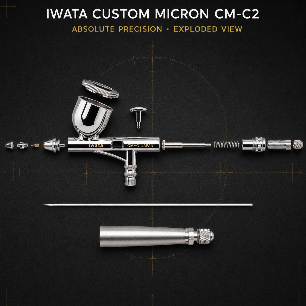 Exploded view of the Custom Micron CM-C2: nozzle cap, nozzle, cup and lid, needle, spring, pre-set handle and trigger