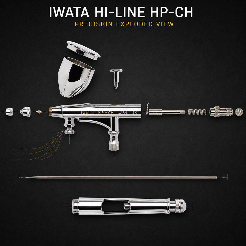 Exploded view of the Hi-Line HP-CH: nozzle cap, nozzle, cup and lid, needle, spring, handle and trigger parts