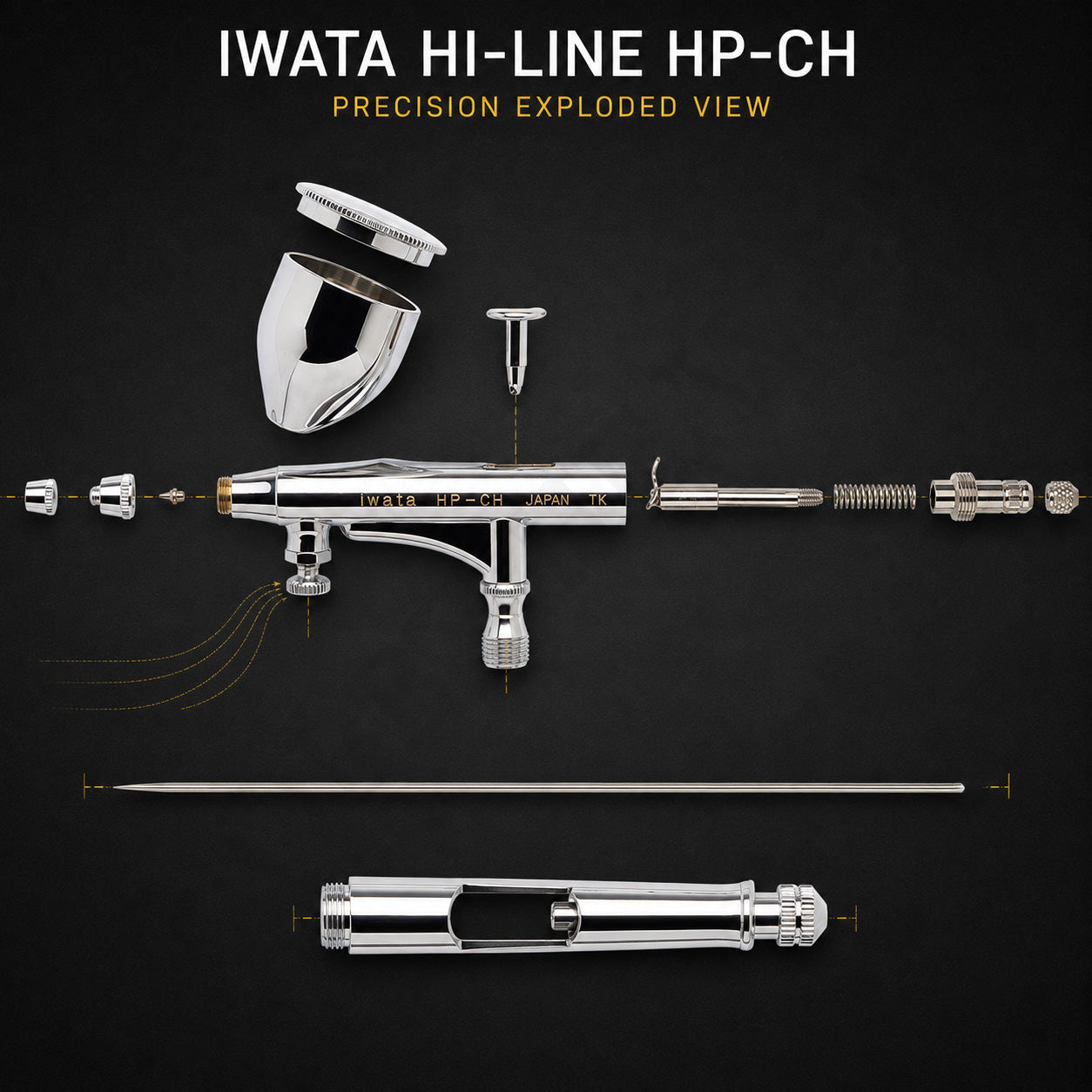 Exploded view of the Hi-Line HP-CH: nozzle cap, nozzle, cup and lid, needle, spring, handle and trigger parts