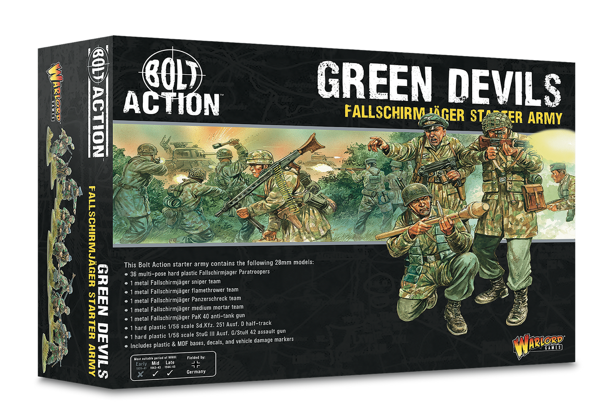 The same starter army in its newer Green Devils box, contents printed on the front