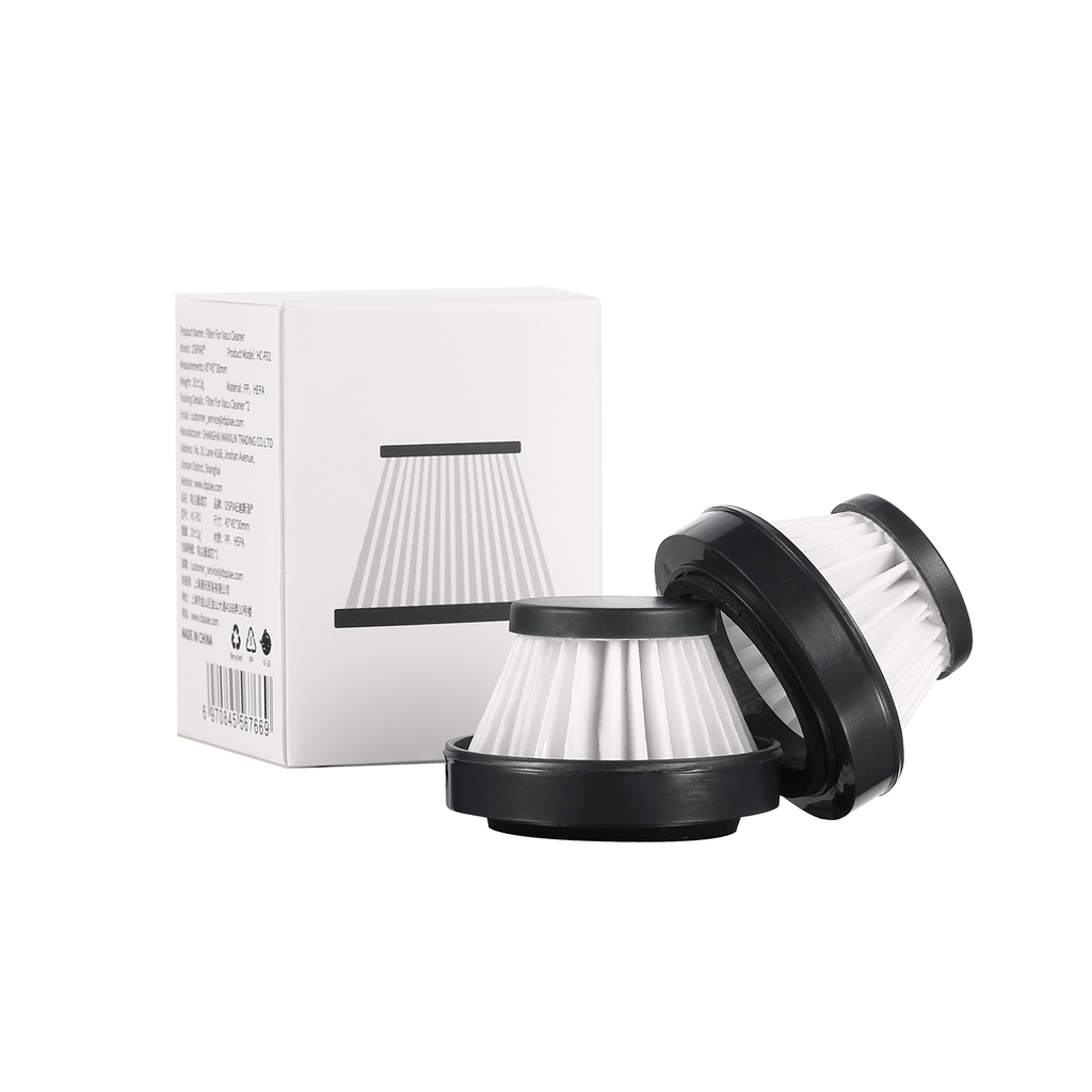 DSPIAE HC-F01 box beside two cone-shaped filters for the HC-V handheld vacuum, black rims and white pleated mesh