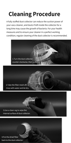 DSPIAE HC-V cleaning procedure: twist off the dust cup, rinse the filter mesh in water, let it dry, refit it