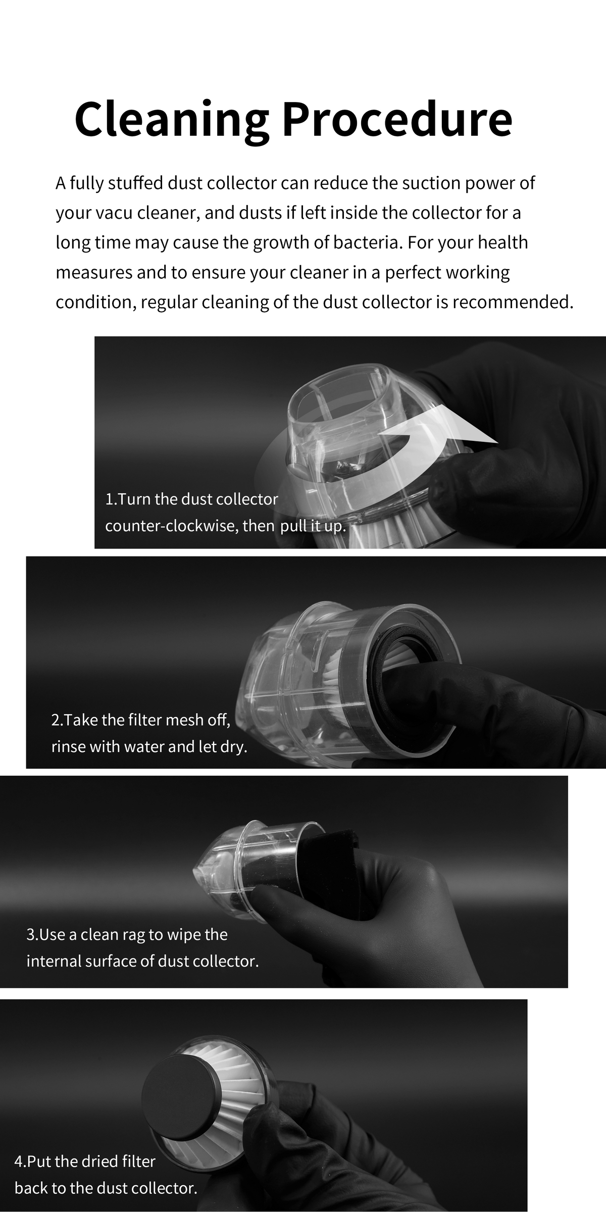 DSPIAE HC-V cleaning procedure: twist off the dust cup, rinse the filter mesh in water, let it dry, refit it