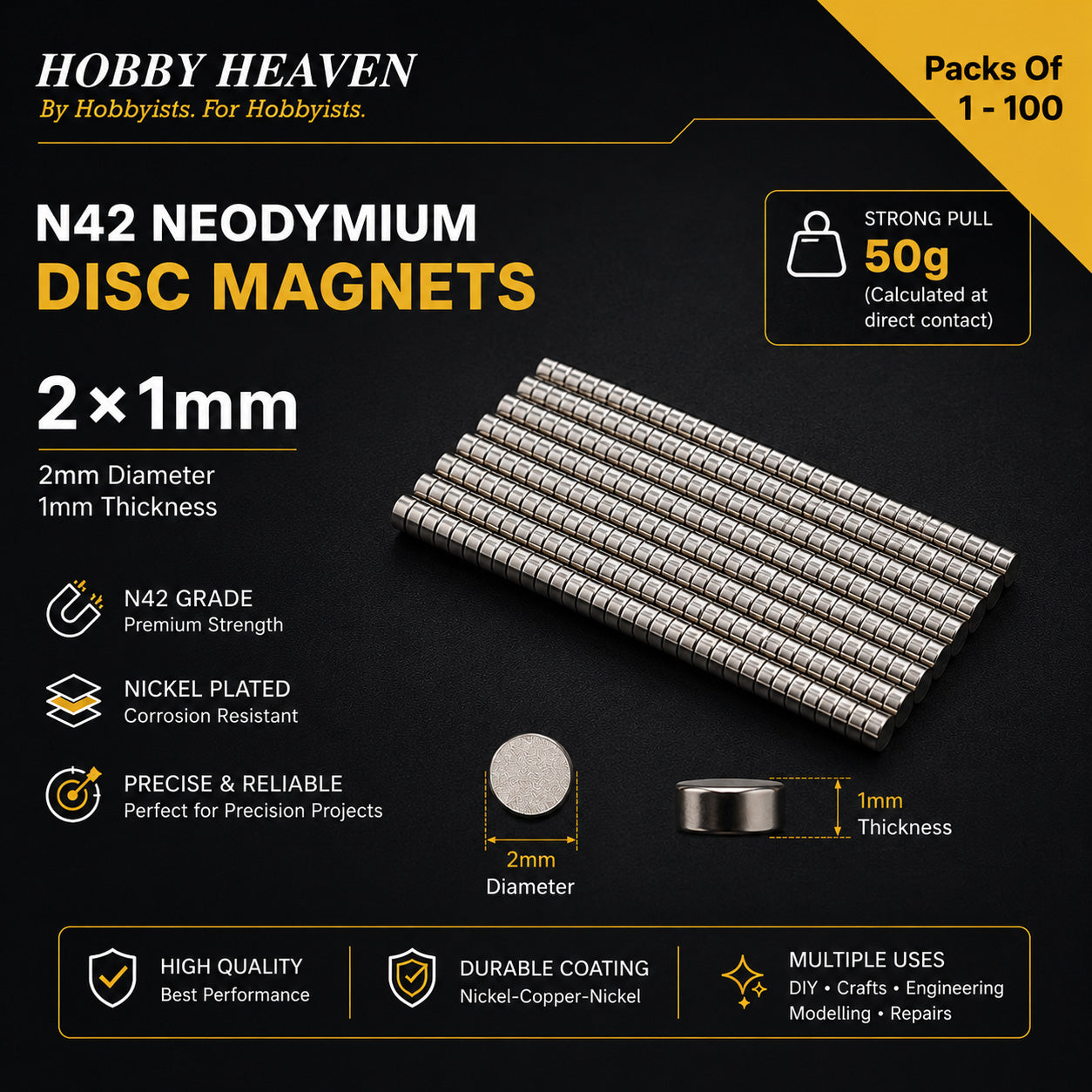 Overview panel for 2 x 1 mm N42 neodymium disc magnets - 50 g calculated pull at direct contact, nickel-copper-nickel coating, packs of 1 to 100