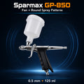 Sparmax GP-850 pistol-trigger spray gun with its white 125 ml gravity cup fitted above a ribbed black grip