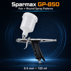 Sparmax GP-850 pistol-trigger spray gun with its white 125 ml gravity cup fitted above a ribbed black grip