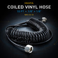 Iwata IWH-CV-10 coiled airbrush hose, 3 m black coil with chrome 1/8 BSP fittings at both ends on dark background