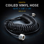 Iwata IWH-CV-10 coiled airbrush hose, 3 m black coil with chrome 1/8 BSP fittings at both ends on dark background