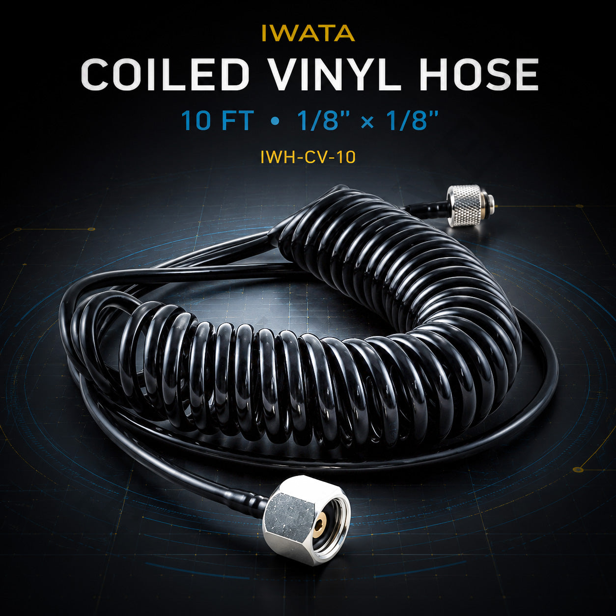 Iwata IWH-CV-10 coiled airbrush hose, 3 m black coil with chrome 1/8 BSP fittings at both ends on dark background