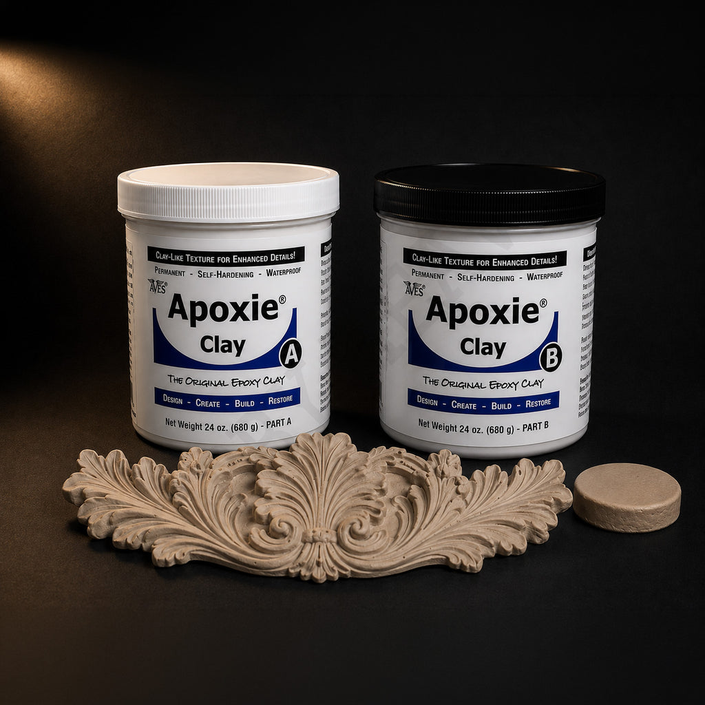 Aves Apoxie Clay 3 lb kit: Part A and Part B 24 oz jars with a cured tan acanthus ornament and disc
