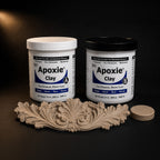 Aves Apoxie Clay 3 lb kit: Part A and Part B 24 oz jars with a cured tan acanthus ornament and disc