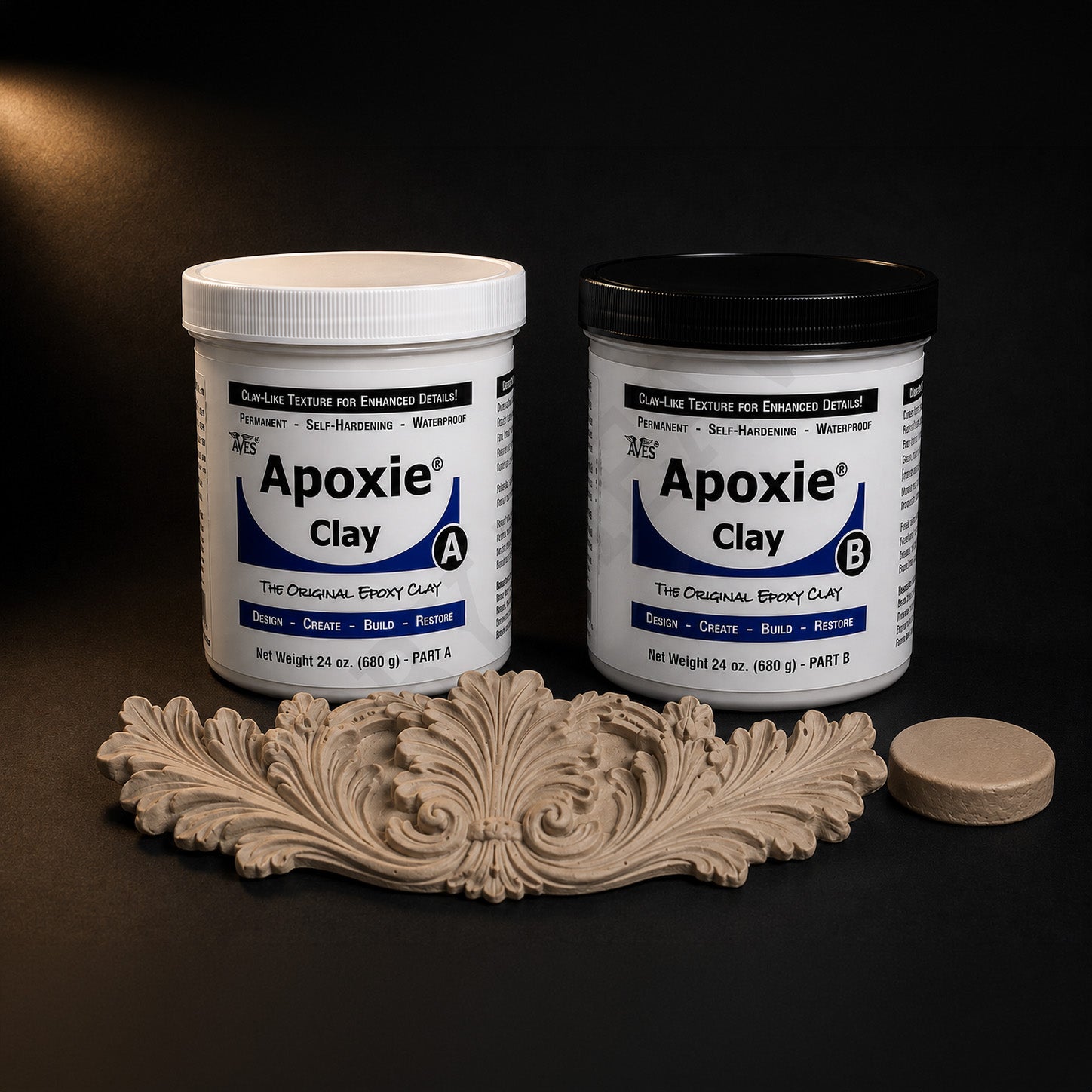 Aves Apoxie Clay 3 lb kit: Part A and Part B 24 oz jars with a cured tan acanthus ornament and disc
