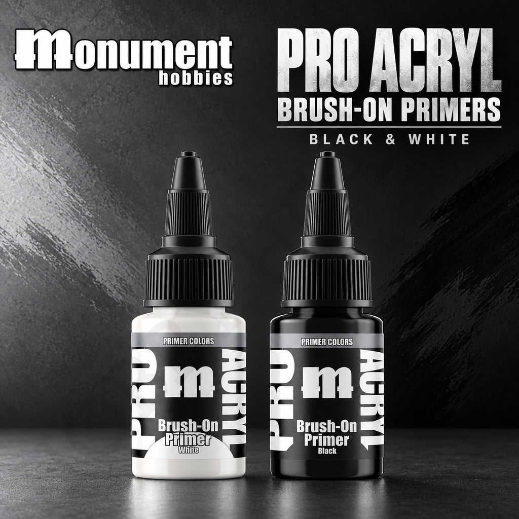 Monument Hobbies Pro Acryl PRIME Brush-On primers — White and Black 22ml bottles