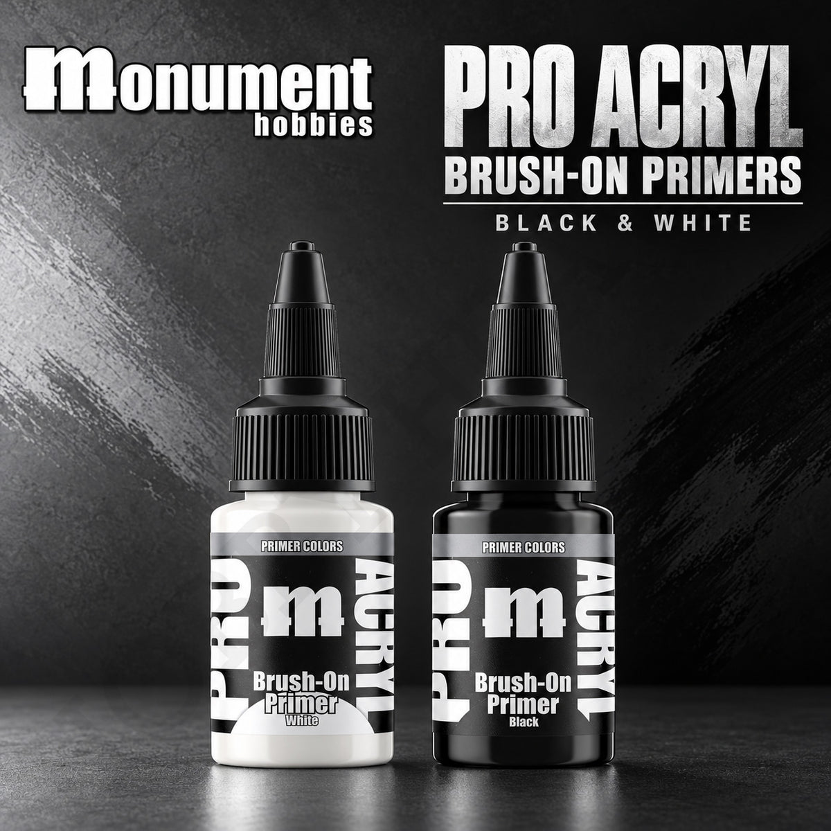 Monument Hobbies Pro Acryl PRIME Brush-On primers — White and Black 22ml bottles