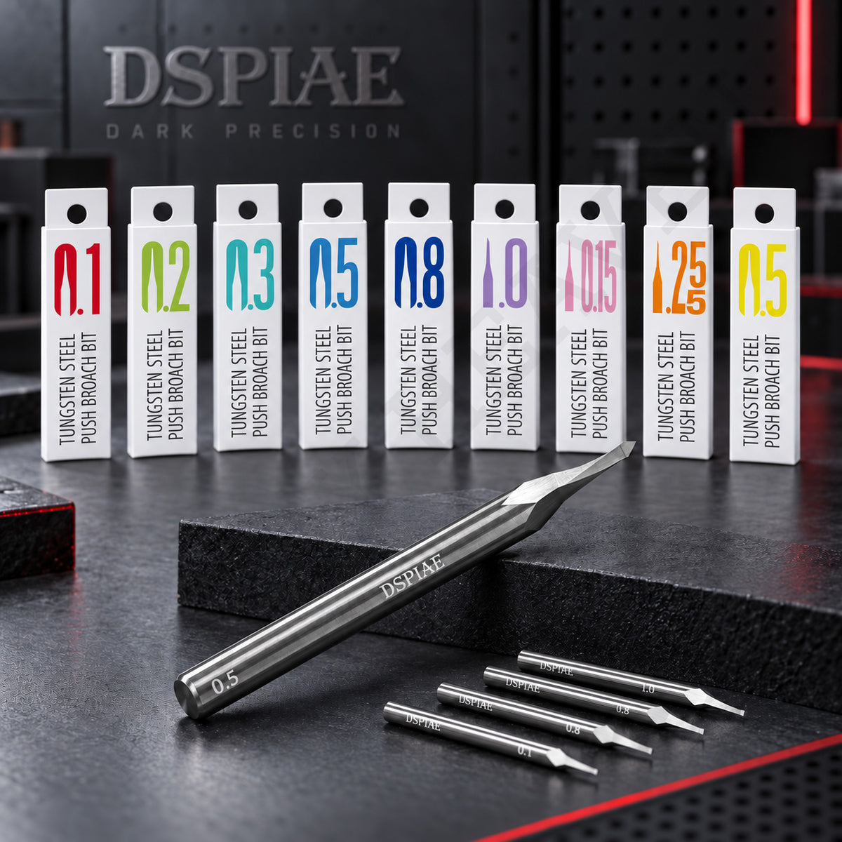 DSPIAE ZPB push broach bits: nine retail boxes from 0.1 to 1.5 mm and loose bits engraved with their width
