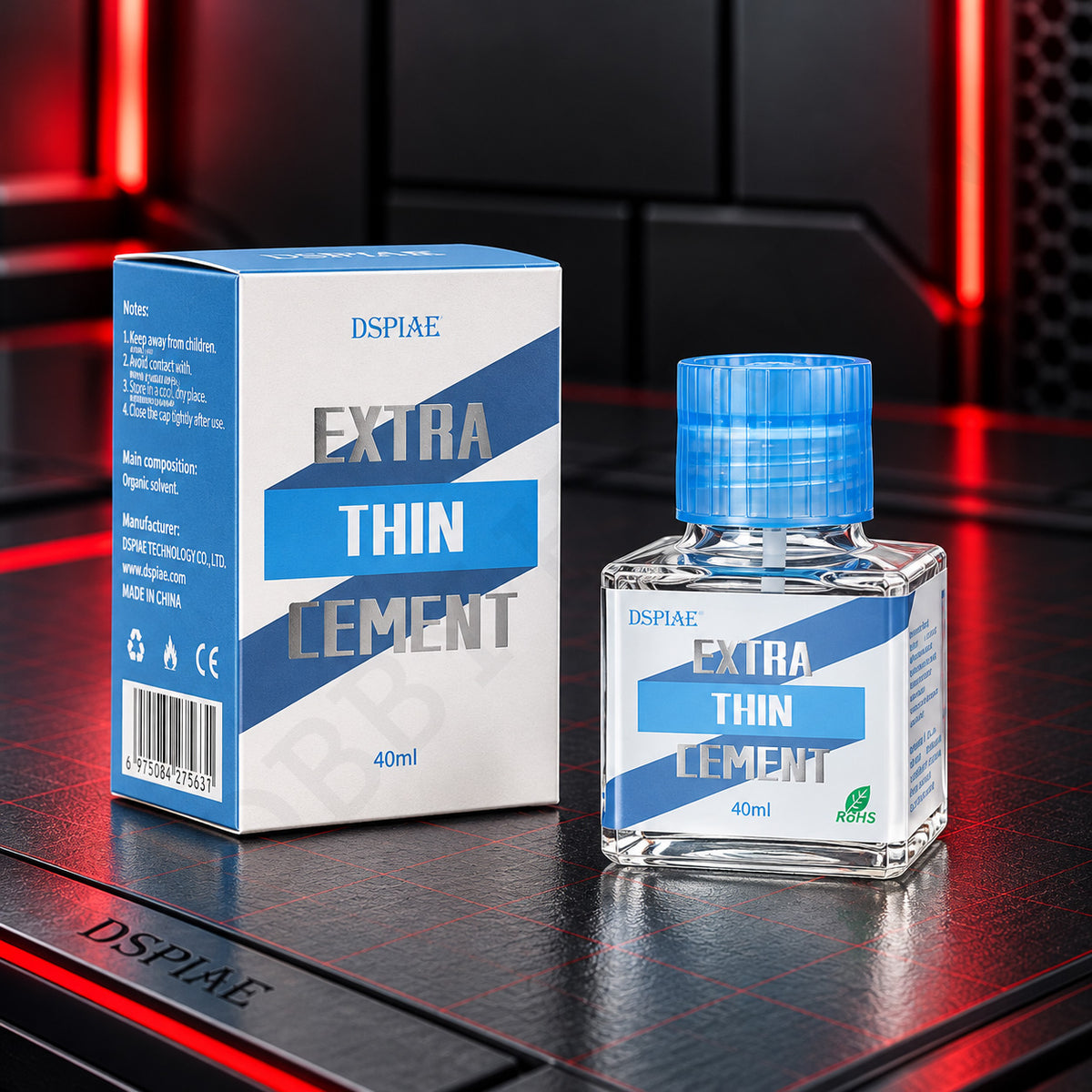 DSPIAE ETC-01 Extra Thin Cement 40 ml: square glass bottle with a blue cap beside its blue and white box