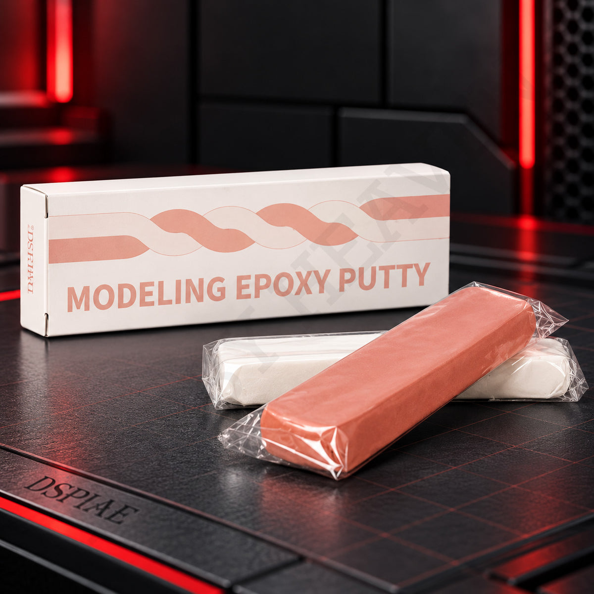DSPIAE MEP-01 Modeling Epoxy Putty, skin-coloured bar and white bar in clear wrap in front of the skin-tone box