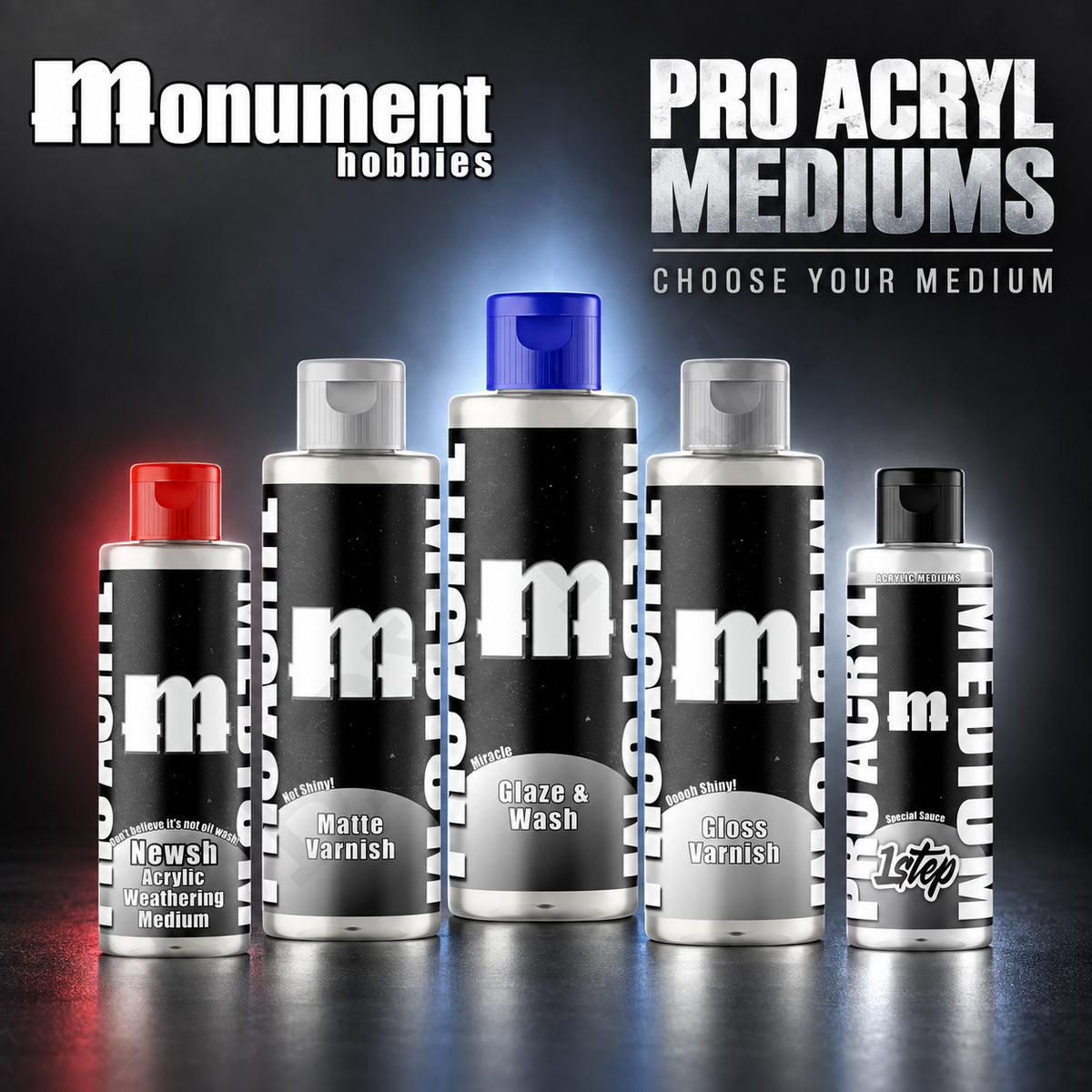 Monument Hobbies Pro Acryl Medium & Varnish 120ml — five bottles