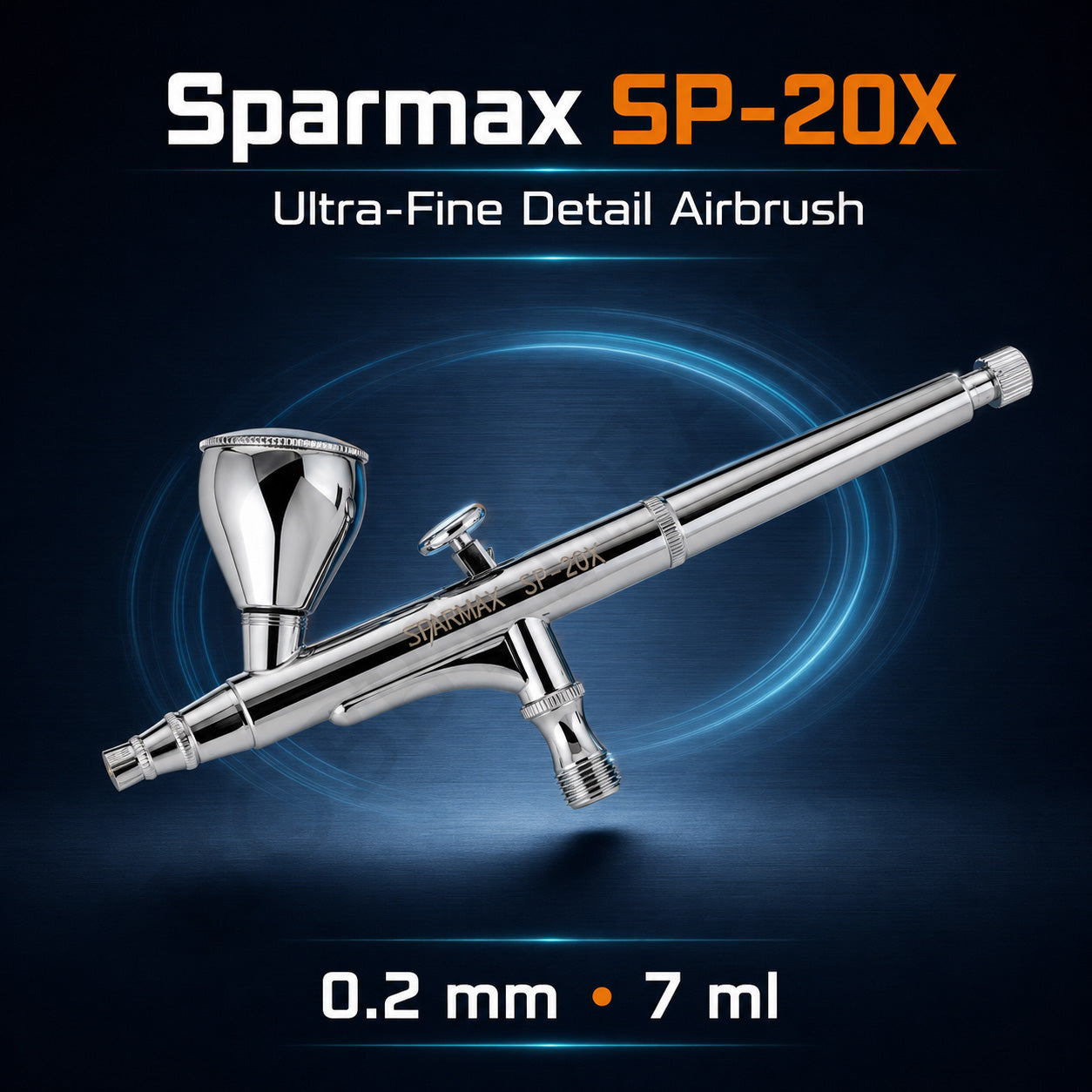 Sparmax SP-20X airbrush on dark blue, engraved SPARMAX SP-20X, with a lidded 7 ml gravity cup and pre-set handle