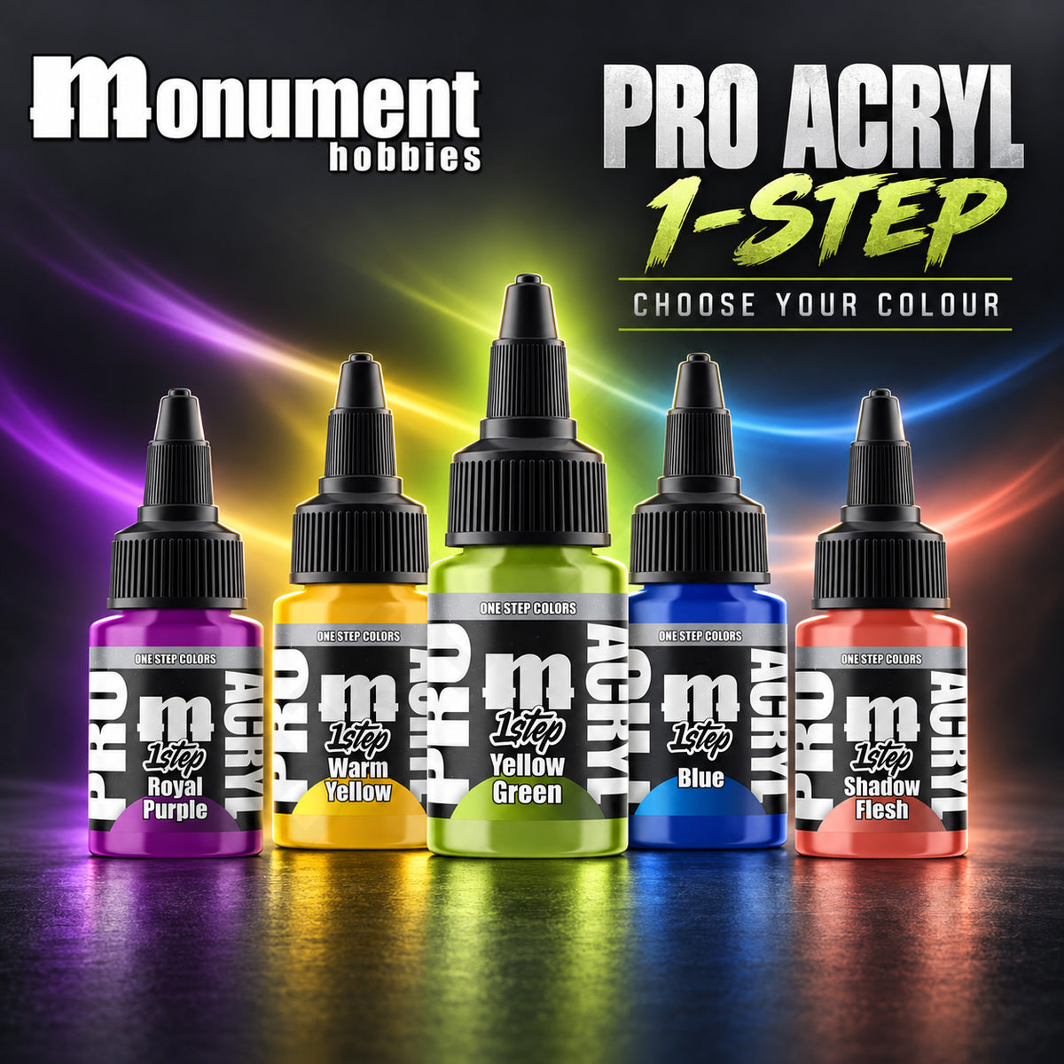Monument Hobbies Pro Acryl 1-Step range — 22ml one-coat contrast paint bottles
