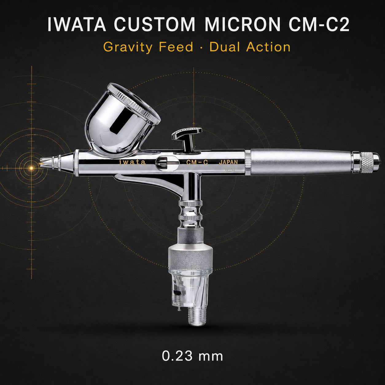 Iwata Custom Micron CM-C2 airbrush side-on with a pistol-grip moisture filter fitted, engraved iwata CM-C JAPAN