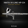 Iwata Hi-Line HP-CH airbrush side-on against black, 7 ml gravity cup uppermost, body engraved iwata HP-CH JAPAN