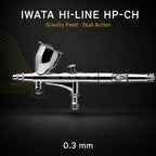 Iwata Hi-Line HP-CH airbrush side-on against black, 7 ml gravity cup uppermost, body engraved iwata HP-CH JAPAN