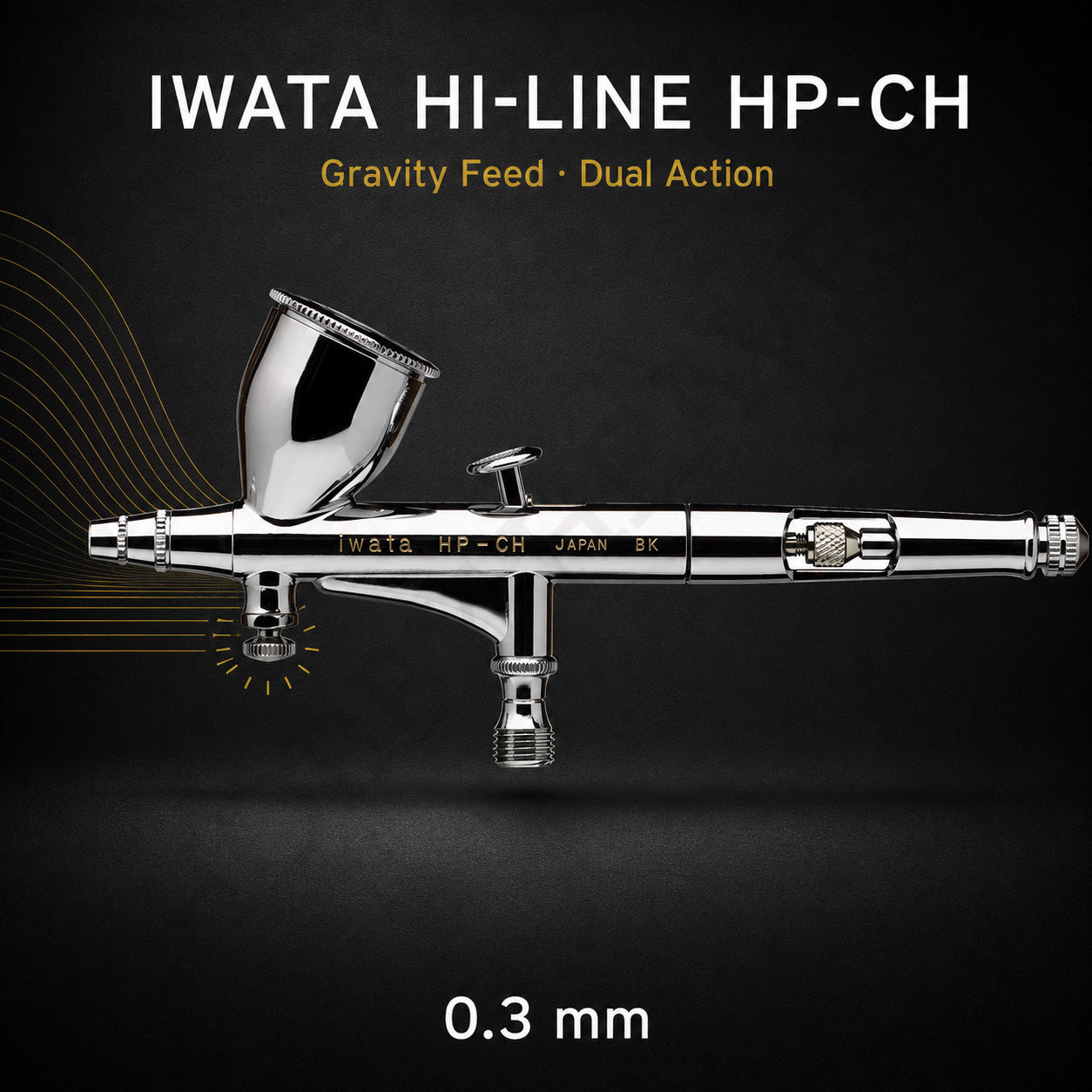 Iwata Hi-Line HP-CH airbrush side-on against black, 7 ml gravity cup uppermost, body engraved iwata HP-CH JAPAN