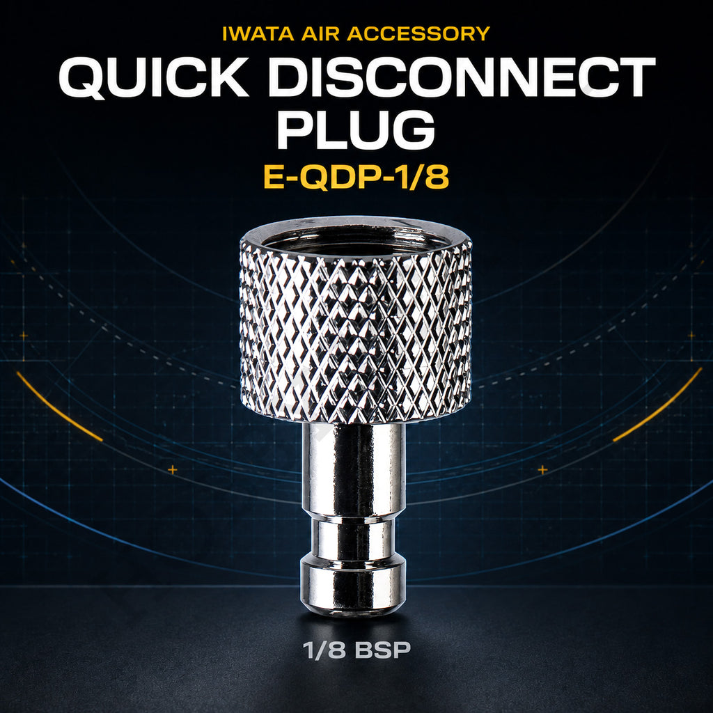Iwata E-QDP-1/8 QuickFit quick-disconnect plug with knurled body and 1/8 BSP fitting on dark background