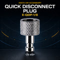 Iwata E-QDP-1/8 QuickFit quick-disconnect plug with knurled body and 1/8 BSP fitting on dark background