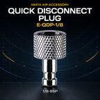 Iwata E-QDP-1/8 QuickFit quick-disconnect plug with knurled body and 1/8 BSP fitting on dark background