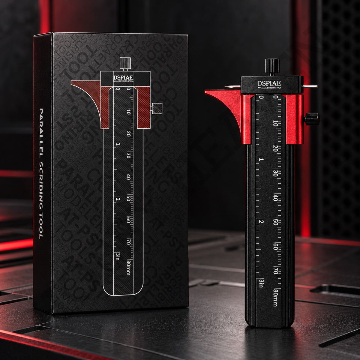 DSPIAE AT-PST parallel scribing tool standing beside its black retail box, red guide on a 0–80 mm rule