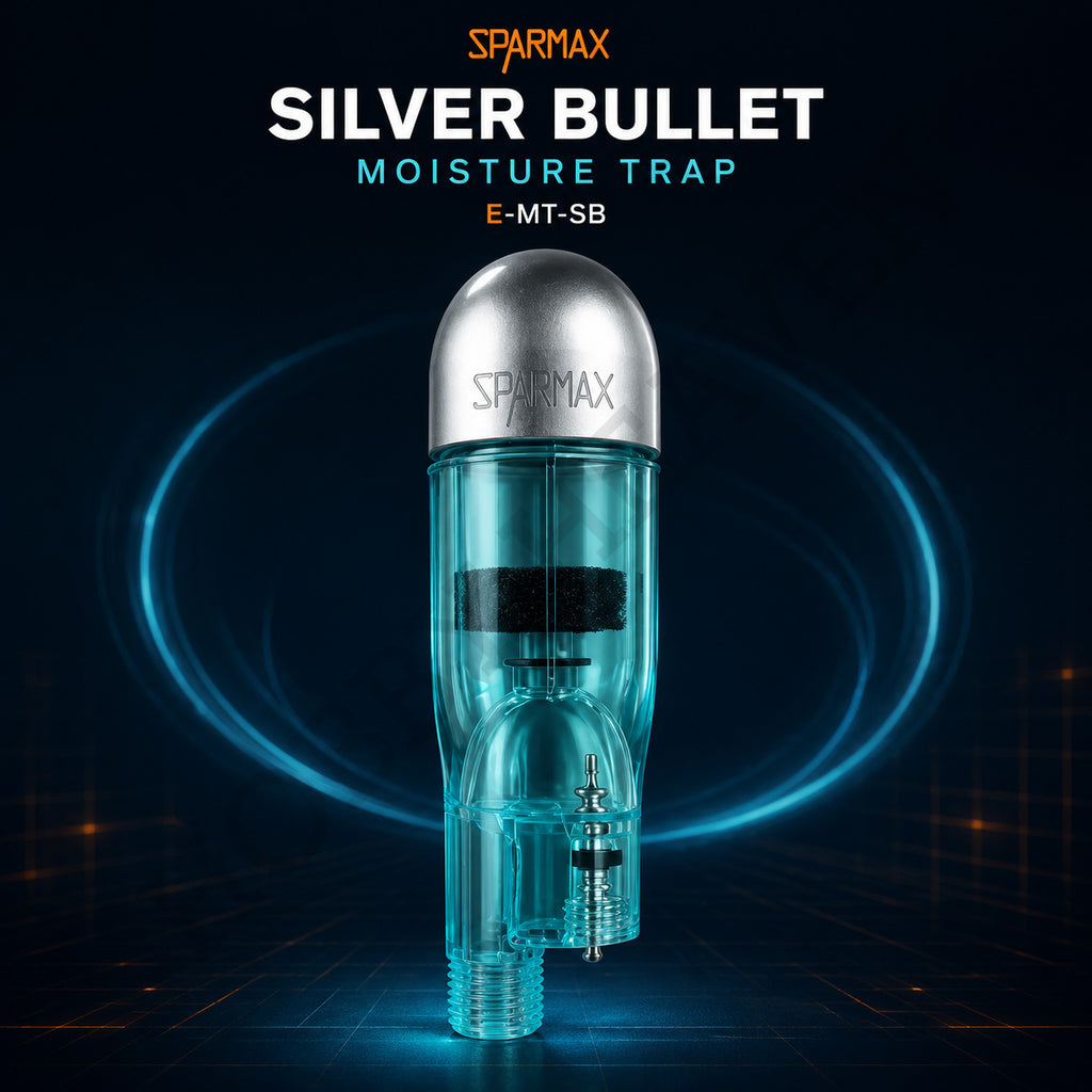 Cutaway of the Sparmax Silver Bullet moisture trap showing the filter element, drain valve and threaded inlet