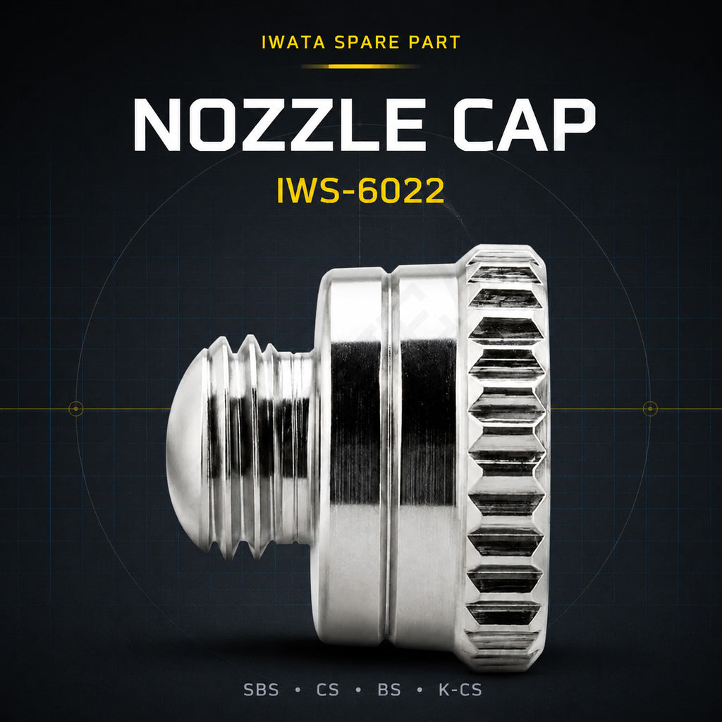 Iwata IWS-6022 E3 nozzle cap for Eclipse and Kustom CS airbrushes, chrome-plated with threaded stem and knurled grip