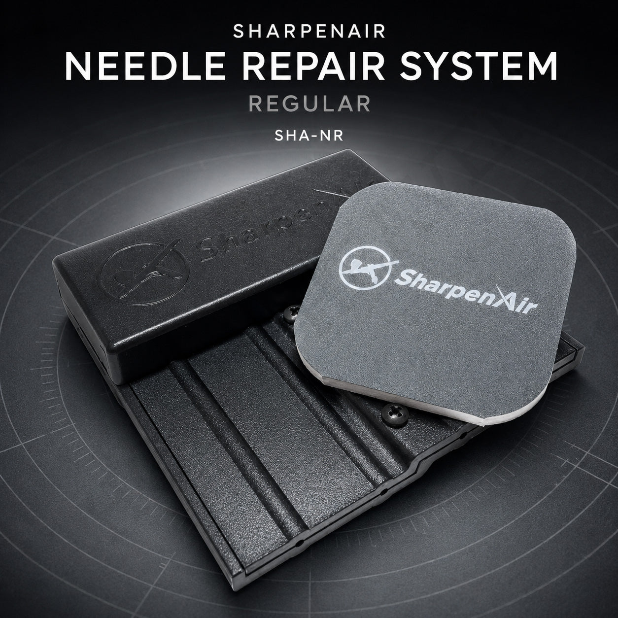 SharpenAir needle repair tool in matte black with its embossed logo, shown with the grey 3000 grit polishing pad