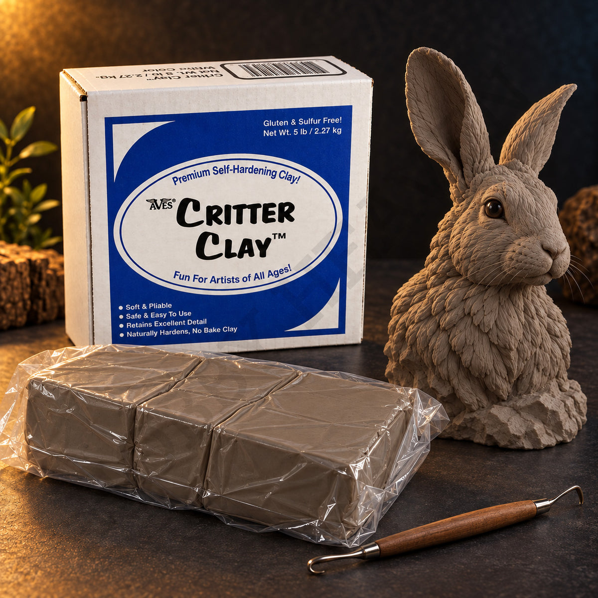 Aves Critter Clay 5 lb box with Native clay blocks in film wrap, a sculpting tool and a sculpted hare