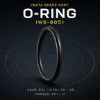 Iwata IWS-6051 needle packing o-ring, black rubber ring shown upright on dark background with compatible models listed