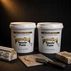 Aves Apoxie Paste Part A and Part B tubs with khaki paste on a knife, a moulded stone corner and a stone block