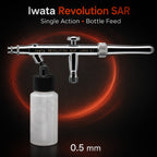 Iwata Revolution SAR airbrush with its 30 ml siphon bottle attached, engraved iwata REVOLUTION SAR JAPAN