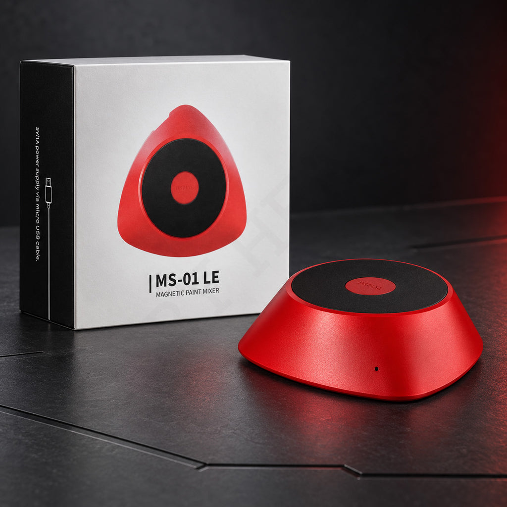 DSPIAE MS-01 LE magnetic paint mixer: red triangular base with a black pad, beside its white MS-01 LE box
