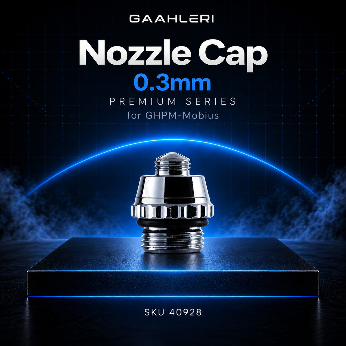 Gaahleri 0.3mm Nozzle Cap, Premium Series for GHPM-Mobius, SKU 40928: polished cap on a dark studio stage