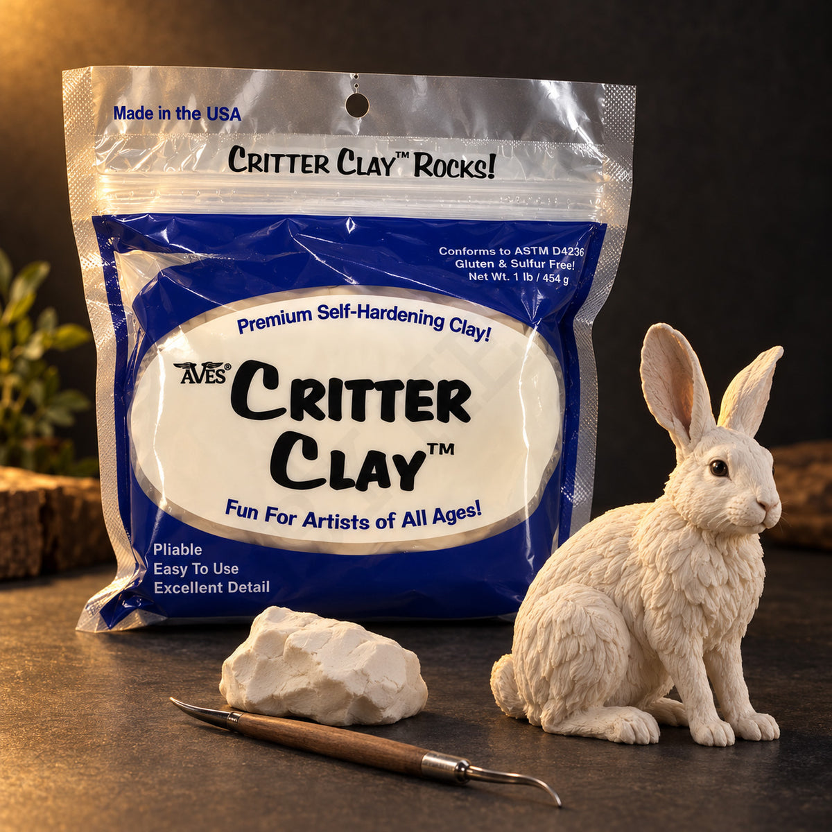Aves Critter Clay 1 lb bag in White with a lump of white clay, a sculpting tool and a sculpted hare