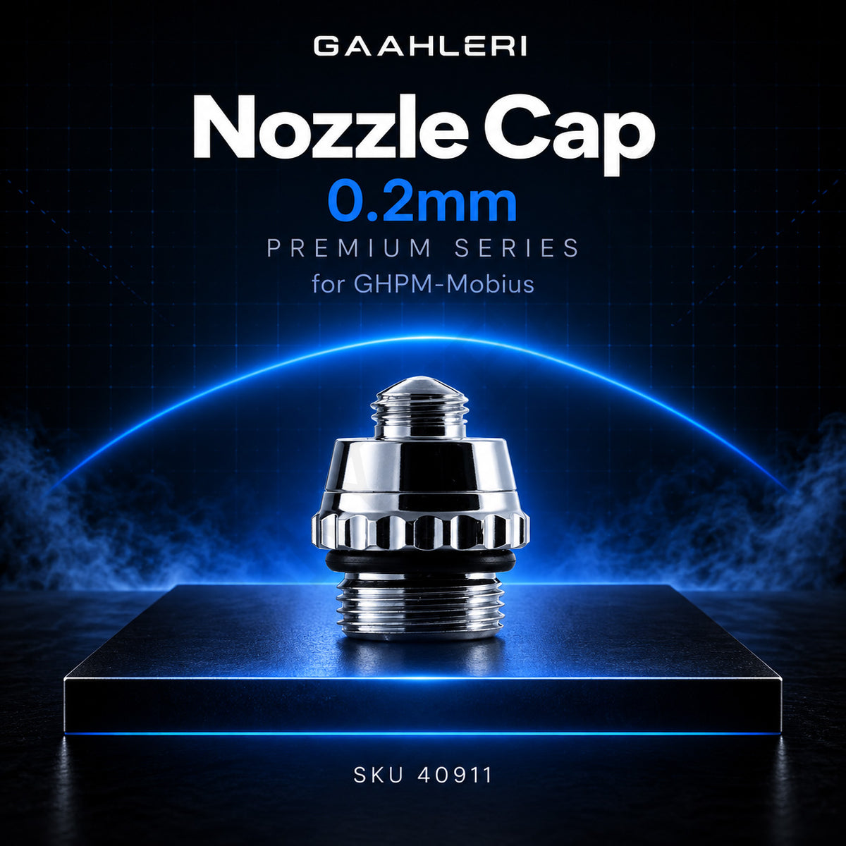 Gaahleri 0.2mm Nozzle Cap, Premium Series for GHPM-Mobius, SKU 40911: polished cap on a dark studio stage