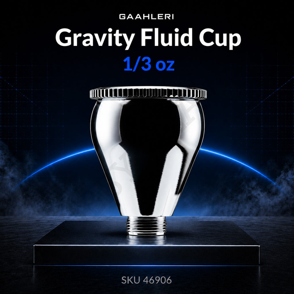 Gaahleri Gravity Fluid Cup 1/3 oz, SKU 46906: mirror-polished cup for the Seeker airbrush, dark studio stage