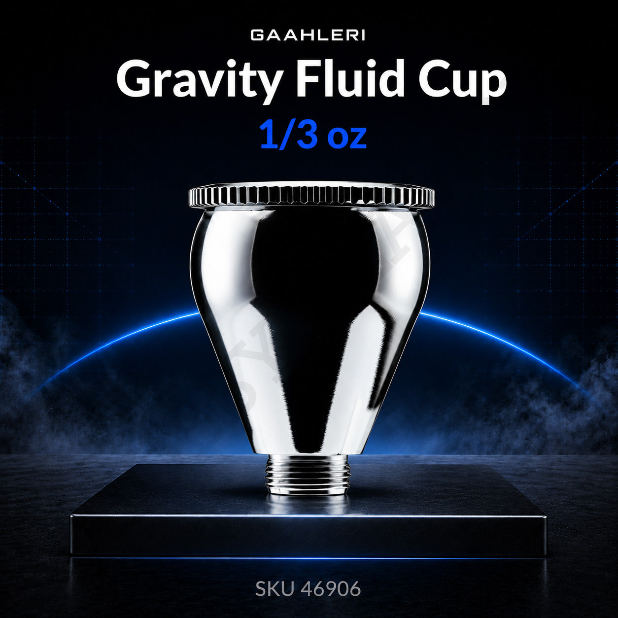 Gaahleri Gravity Fluid Cup 1/3 oz, SKU 46906: mirror-polished cup for the Seeker airbrush, dark studio stage