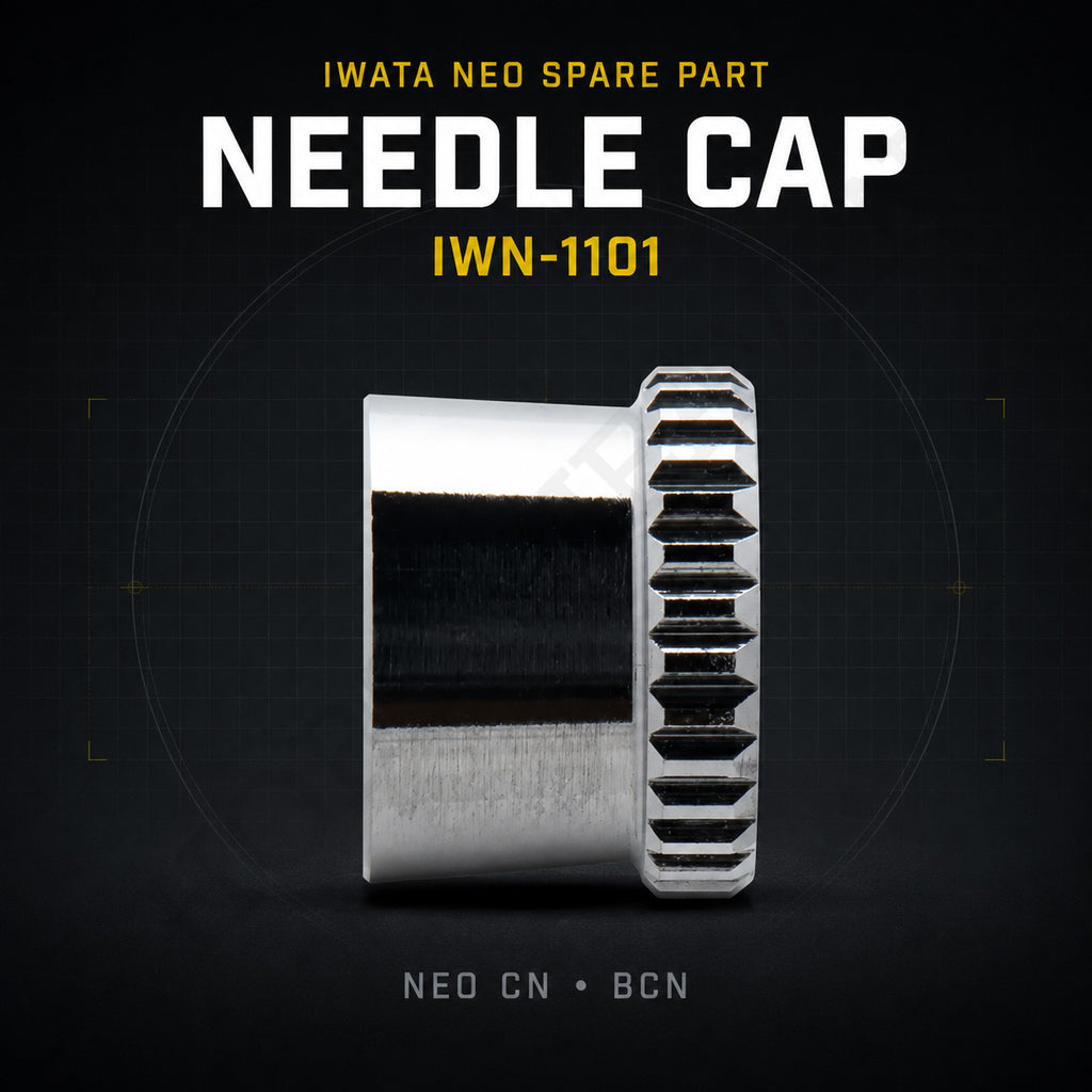 Iwata IWN-1101 needle cap for Neo CN and Neo BCN airbrushes, chrome-plated with knurled grip ring, on dark background