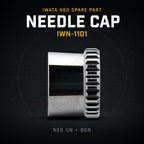 Iwata IWN-1101 needle cap for Neo CN and Neo BCN airbrushes, chrome-plated with knurled grip ring, on dark background