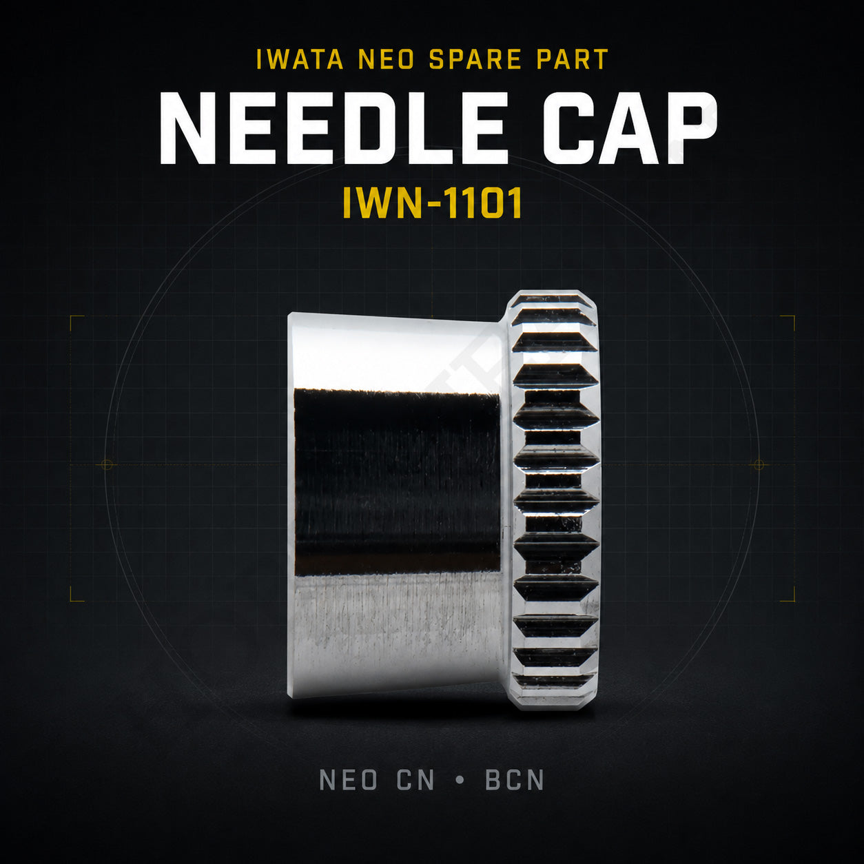Iwata IWN-1101 needle cap for Neo CN and Neo BCN airbrushes, chrome-plated with knurled grip ring, on dark background